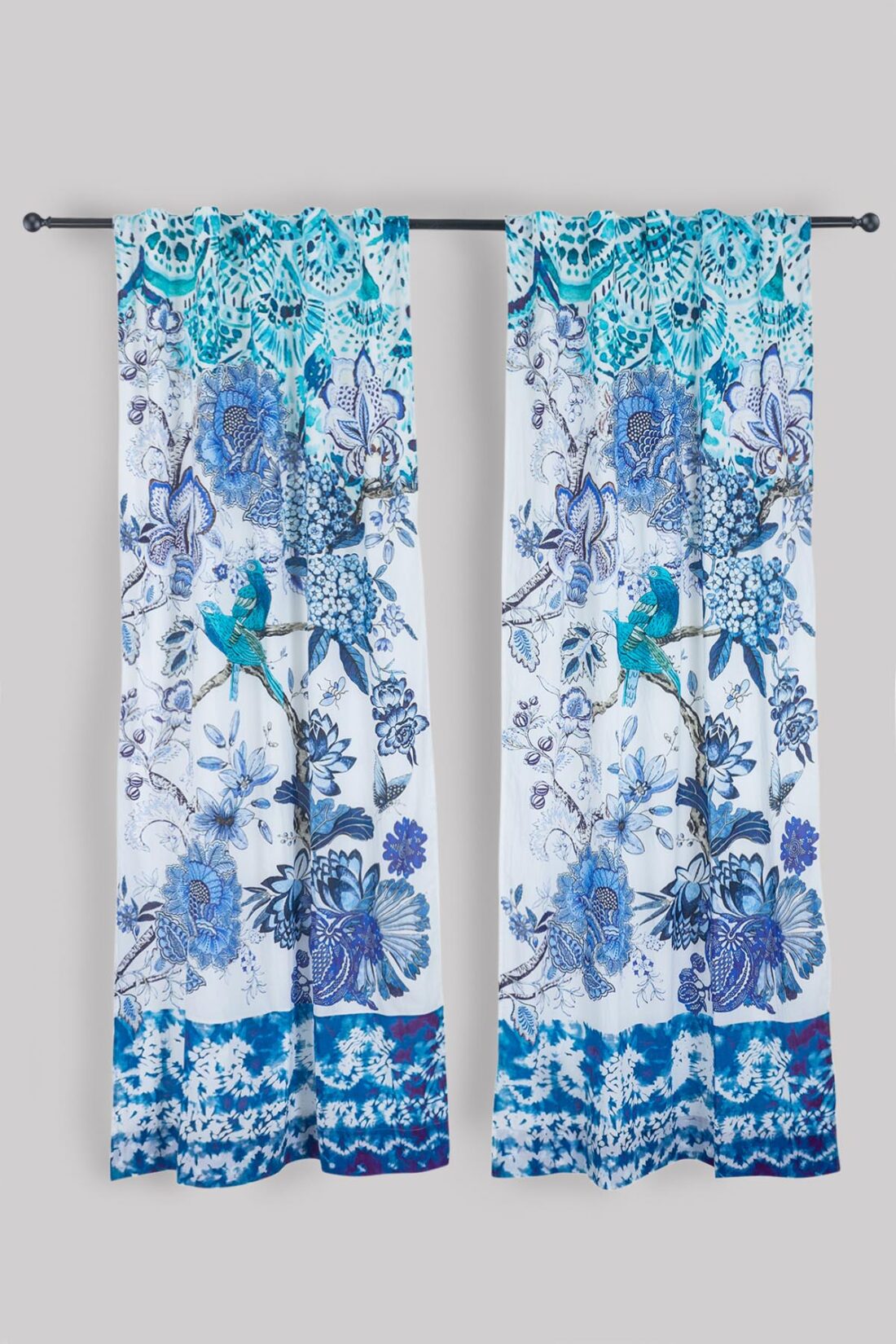Indigo floral bird curtain set