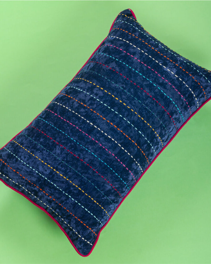 Kantha embroidery Velvet cushion (Navy blue)
