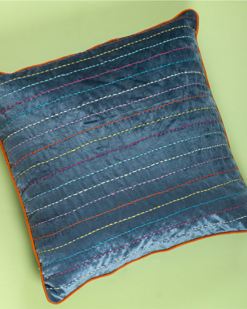 Kantha Embroidery Velvet Cushion ( Smoke Grey )