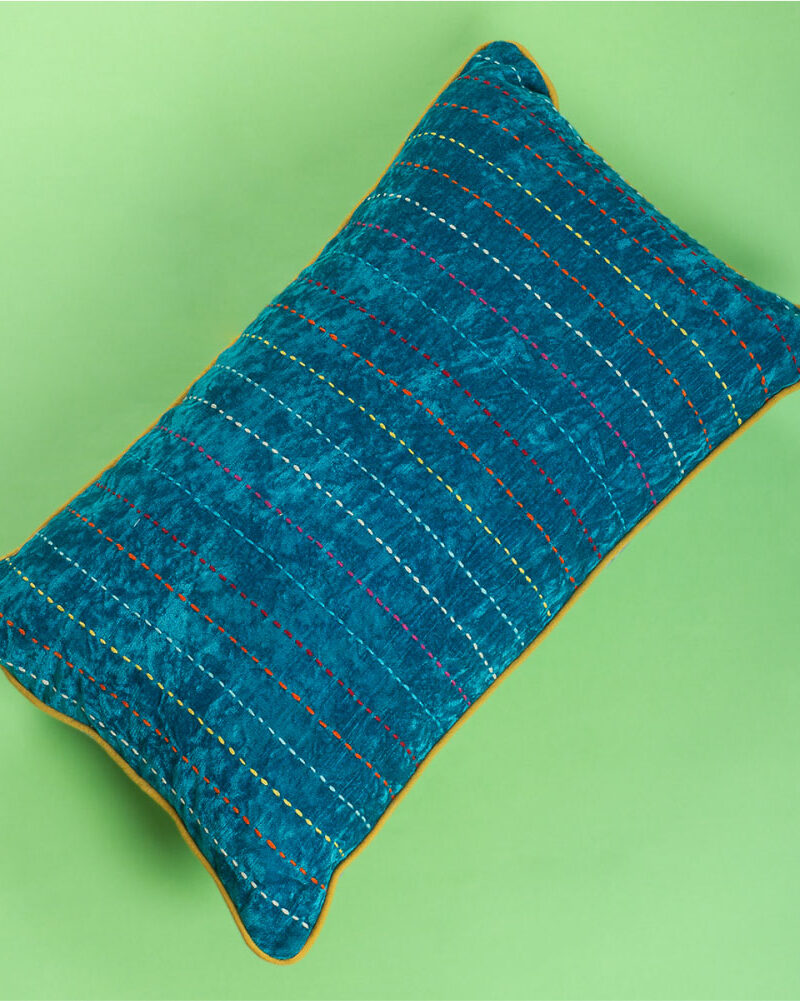 Kantha embroidery Velvet cushion ( Teel blue )