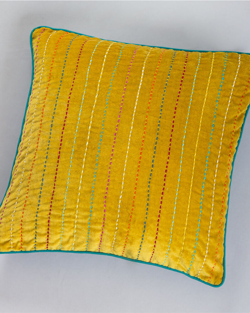 Kantha embroidery Velvet cushion ( Yellow )