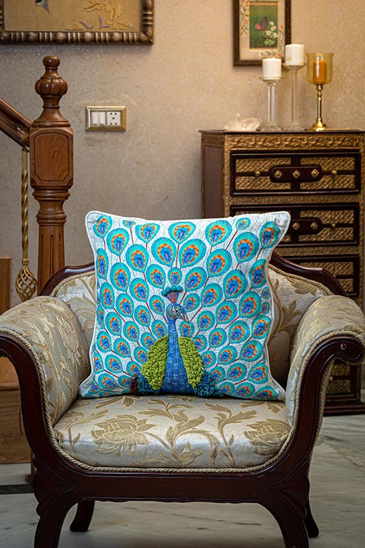 Peacock Paradise Cushion With 3D Embroidery
