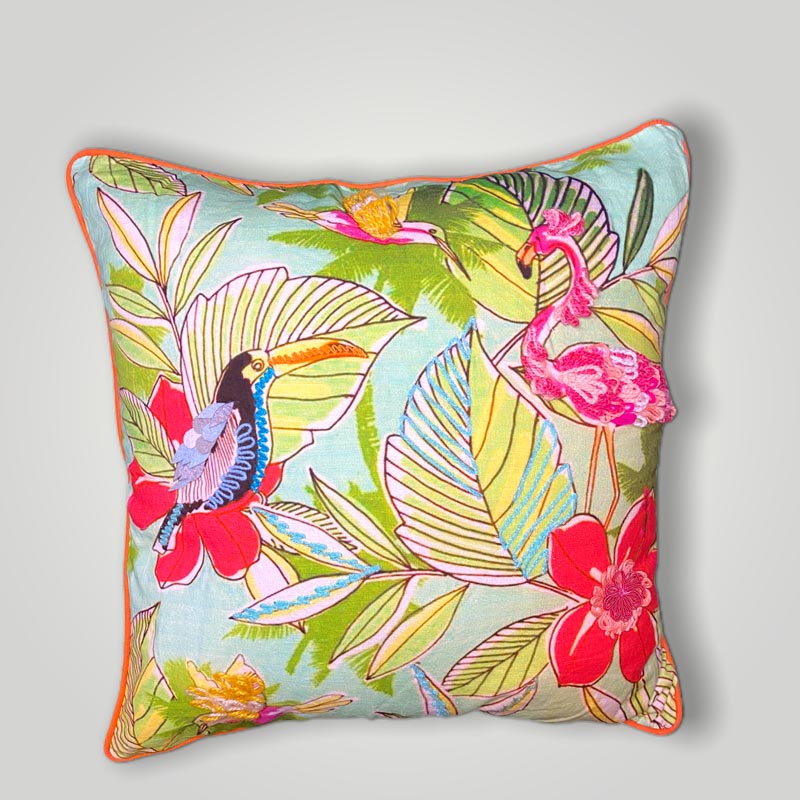 Tropical toucan flamingo cushion
