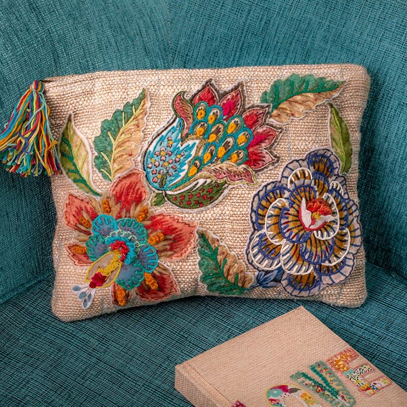 travel floral pouch with hand loomed textured gold lure fabric